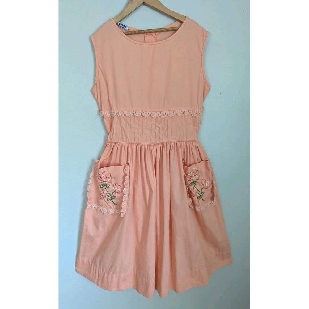 Vintage 60s SEARS Girls Party Dress Peach Cotton Floral Embroidery Fit Flare